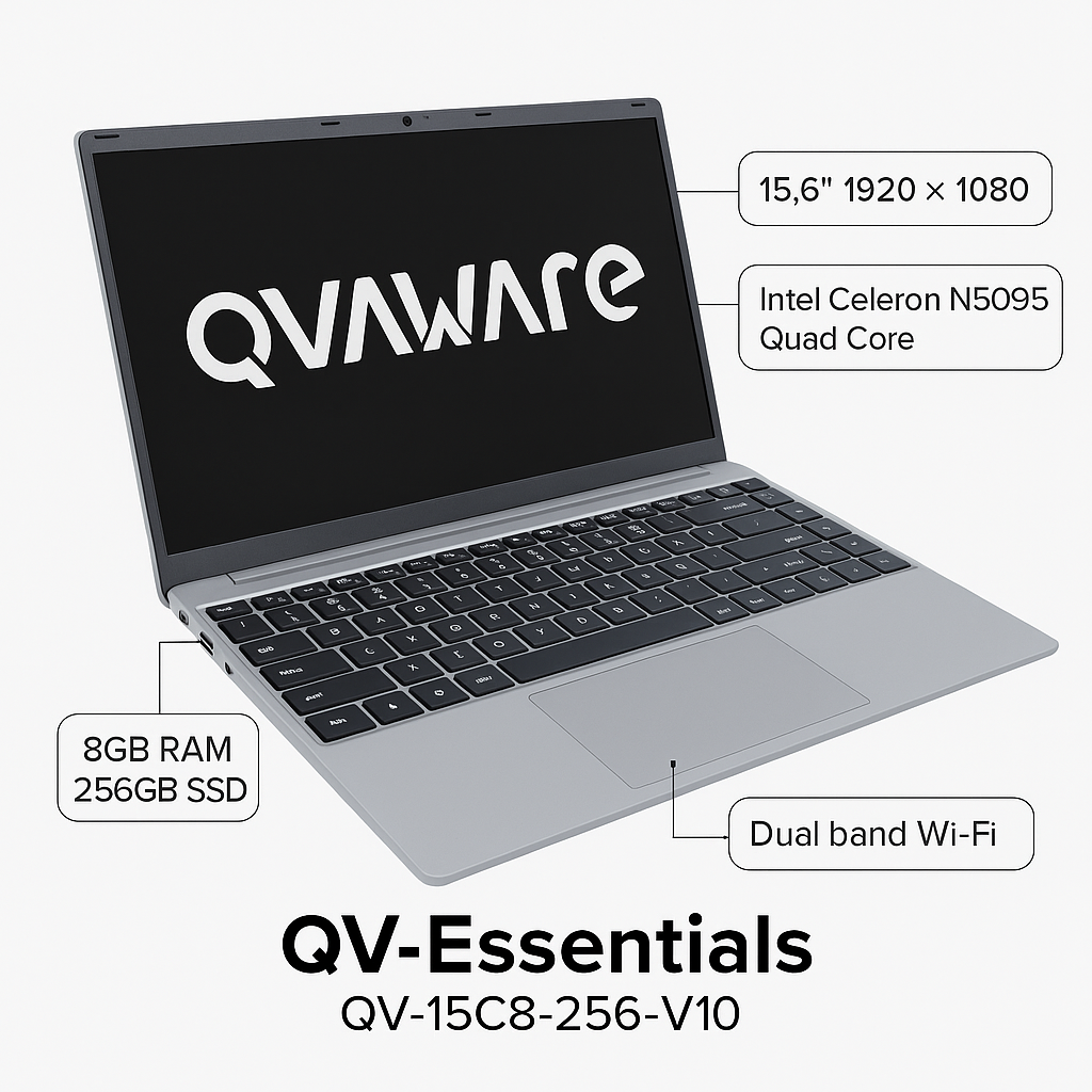 LAPTOP QVAWARE ESSENTIALS QV-15C8-256-V10 / CELERON N5095 / 8GB RAM / 256GB SSD