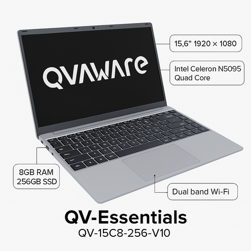 [QVAWARE-ESSENTIALS-QV-15C8-256-V10] LAPTOP QVAWARE ESSENTIALS QV-15C8-256-V10 / CELERON N5095 / 8GB RAM / 256GB SSD